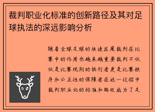 裁判职业化标准的创新路径及其对足球执法的深远影响分析