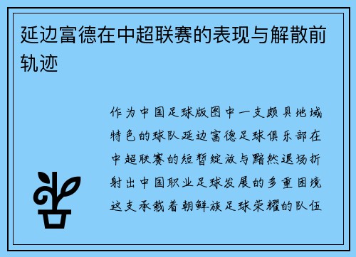 延边富德在中超联赛的表现与解散前轨迹